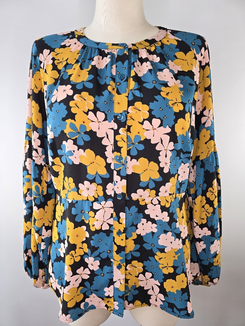 Cabi Favorite Floral Button Down Blouse Black Teal Gold Blush Peplum Top Size L